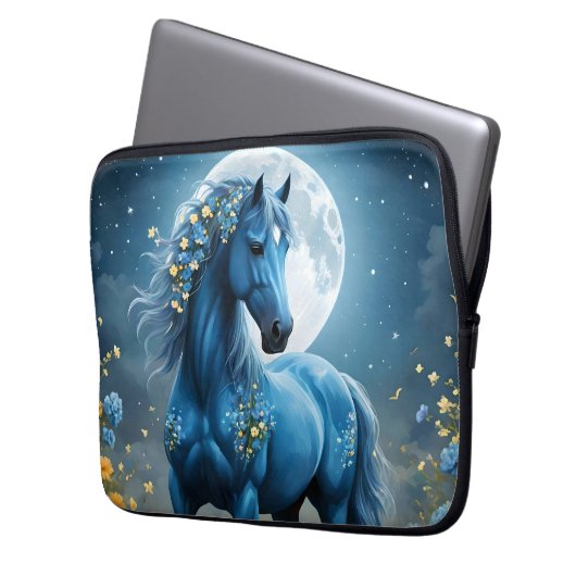 Blaue Fantasy Magical Horse Moon Blume, Laptopschutzhülle (Vorderseite Links)