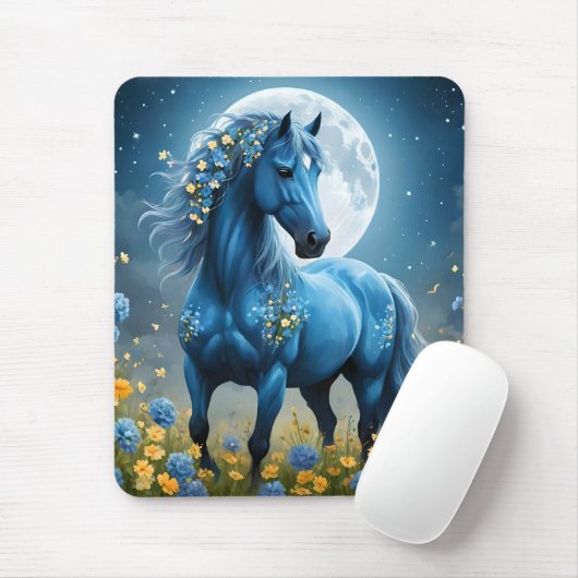 Blaue Fantasy Magical Horse Moon Blume, Mousepad (Mit Mouse)