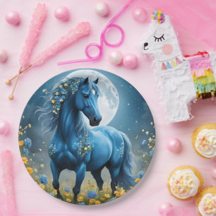 Blaue Fantasy Magical Horse Moon Blume, Pappteller