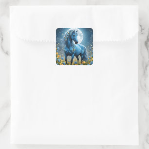 Blaue Fantasy Magical Horse Moon Blume, Quadratischer Aufkleber