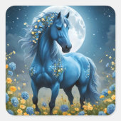 Blaue Fantasy Magical Horse Moon Blume, Quadratischer Aufkleber (Vorderseite)