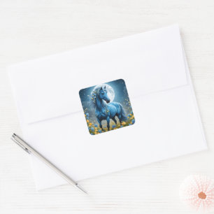 Blaue Fantasy Magical Horse Moon Blume, Quadratischer Aufkleber