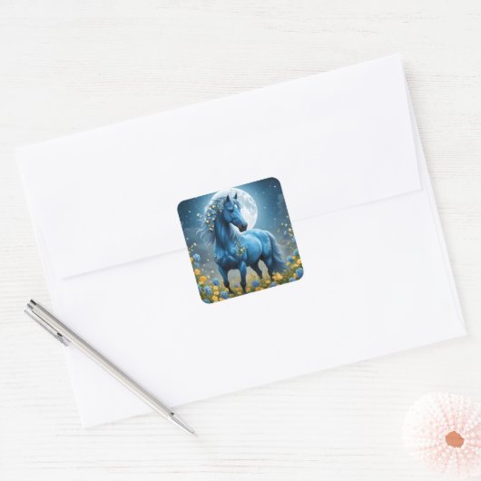 Blaue Fantasy Magical Horse Moon Blume, Quadratischer Aufkleber (Umschlag)
