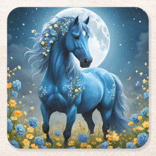 Blaue Fantasy Magical Horse Moon Blume, Rechteckiger Pappuntersetzer