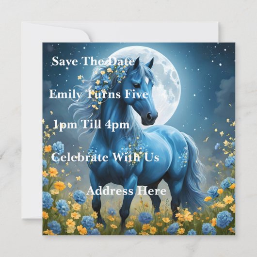 Blaue Fantasy Magical Horse Moon Blume, Save The Date (Vorderseite)