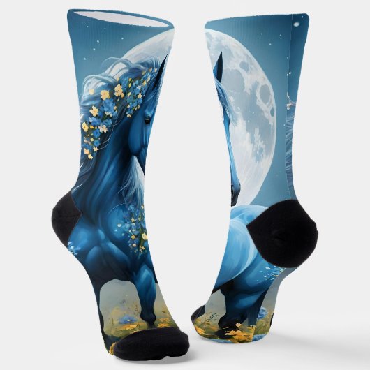 Blaue Fantasy Magical Horse Moon Blume, Socken (Gewinkelt)