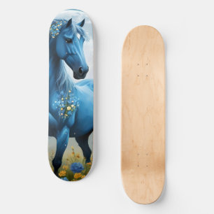 Blaue Fantasy Magisches Pferd Mond Blumen, Skateboard