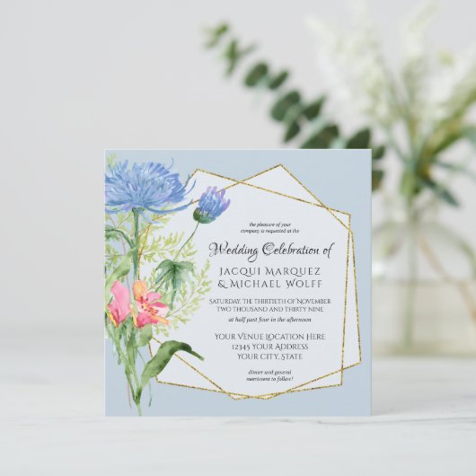 Blaue Farbe Rosa Elegantes Flora und Fauna Einladung (Stehend Vorderseite)