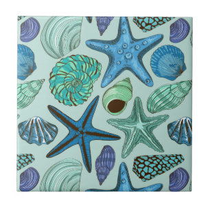 Blaue Farbschattierungen Muscheln Und Seestern Mus Fliese