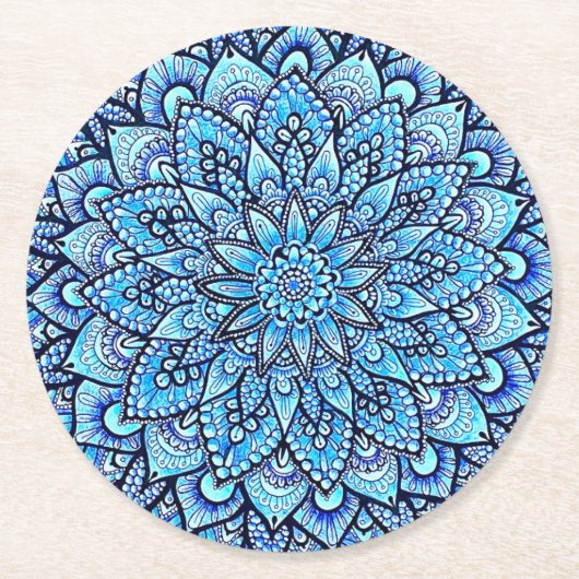Blaue Farbstift-Mandala-Design-Kunst Runder Pappuntersetzer (Vorderseite)