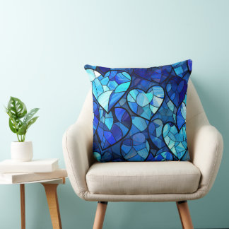BLAUE FARBTÖNE BUNTGLAS SEHEN HERZEN KISSEN