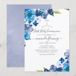Blaue Farbtöne Florale Erste Heilige Kommunion Einladung