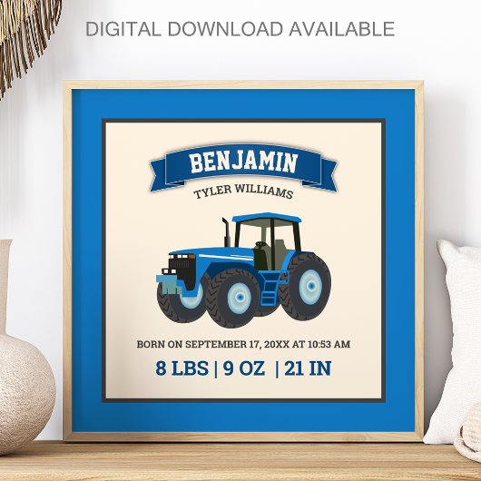 Blaue Farm-Traktor-Baby-Geburtsstatistik Poster