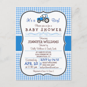 Blaue Farm-Traktor-Jungen-Baby-Shower-Einladung Einladungspostkarte