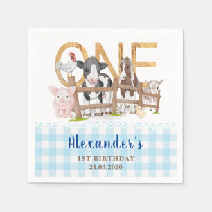 Blaue Farmtiere zum 1. Geburtstag Barnyard Kids Serviette