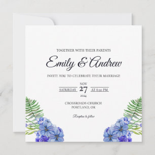 Blaue Farn-Rand-Blumen-Aquarell-Quadrat-Hochzeit Einladung