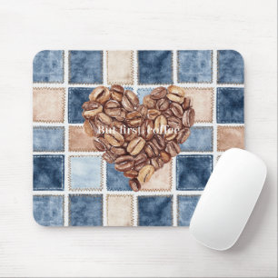 Blaue Faux-Denim-Creme Erste Kaffeebohnen Herz Mousepad