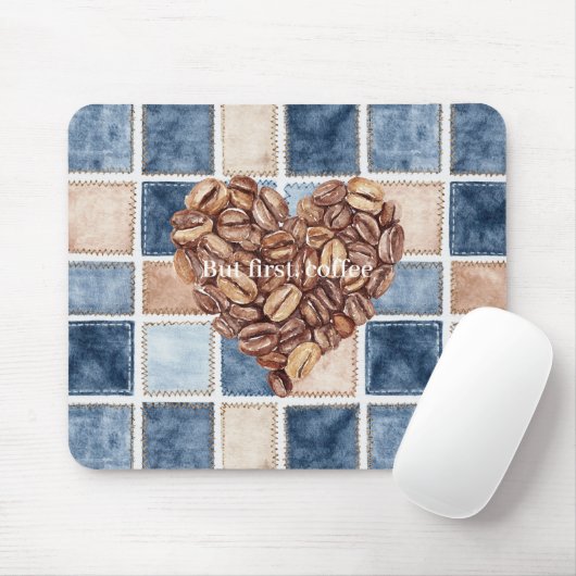 Blaue Faux-Denim-Creme Erste Kaffeebohnen Herz Mousepad (Mit Mouse)