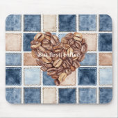 Blaue Faux-Denim-Creme Erste Kaffeebohnen Herz Mousepad (Vorne)