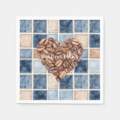Blaue Faux-Denim-Creme First Kaffeebohnen Herz Serviette (Vorderseite)