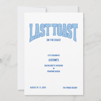 Blaue Faux-Glitter-LAST-TOAST-Junggesellinnenabsch Einladung
