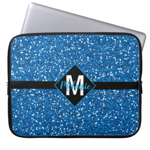 Blaue Faux-Glitter mit Monogramm Laptopschutzhülle