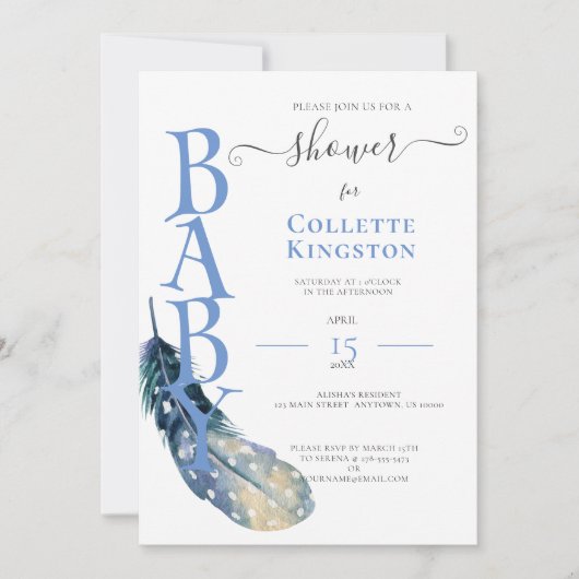 BLAUE FEATHER BOY BABY SHOWER Einladung (Vorderseite)