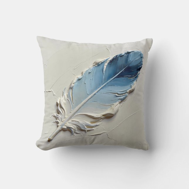 Blaue Feder 3D strukturierte Ölgemälde Kunst Moder Kissen (Vorderseite)