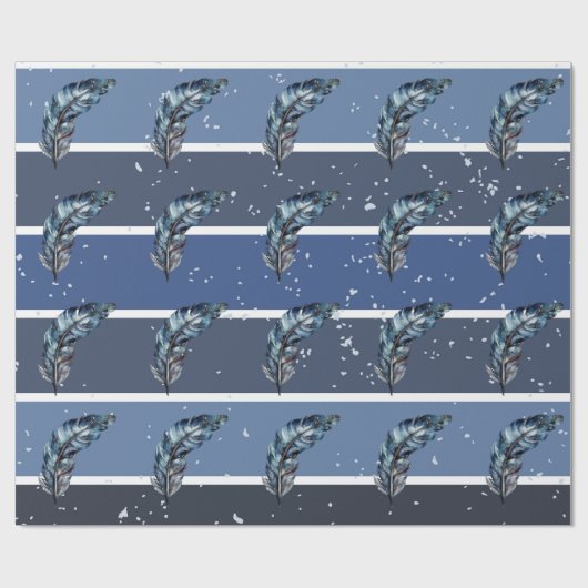 Blaue Federn auf blauen und weißen Streifen Geschenkpapier (Flach)