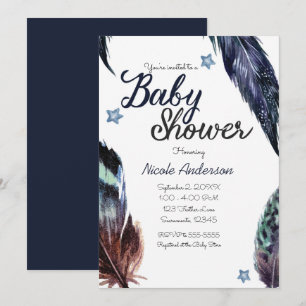 Blaue Federn Boho Boheme Rustikale Babyparty Einladung