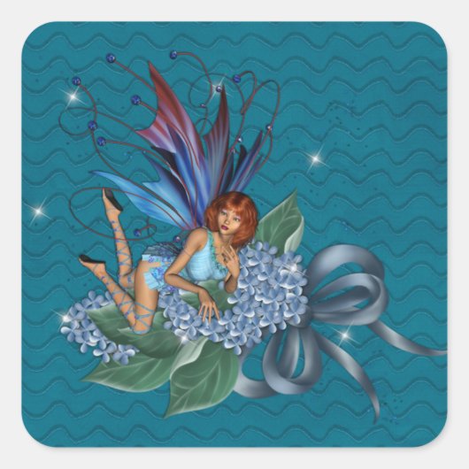 Blaue Fee für Blumendesign 2 Quadratischer Aufkleber (Vorderseite)