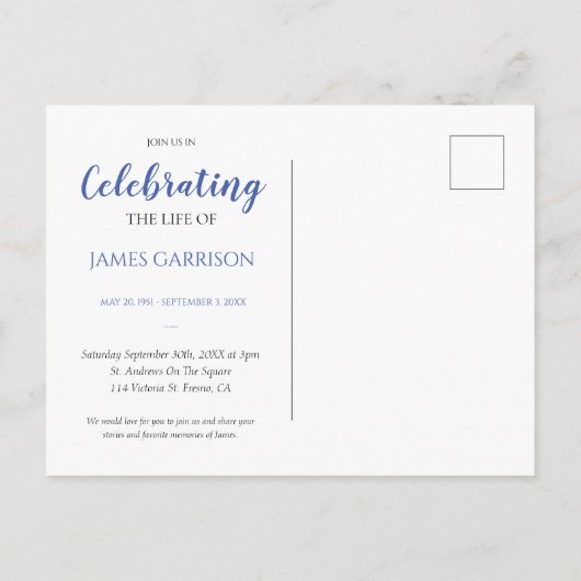 Blaue Feier mit Foto Beerdigung Einladung Postkarte (Rückseite)