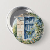 Blaue Fenster-Steinmauer-Cottage-Reben Button (Vorne & Hinten)