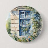Blaue Fenster-Steinmauer-Cottage-Reben Button (Vorderseite)