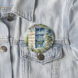 Blaue Fenster-Steinmauer-Cottage-Reben Button