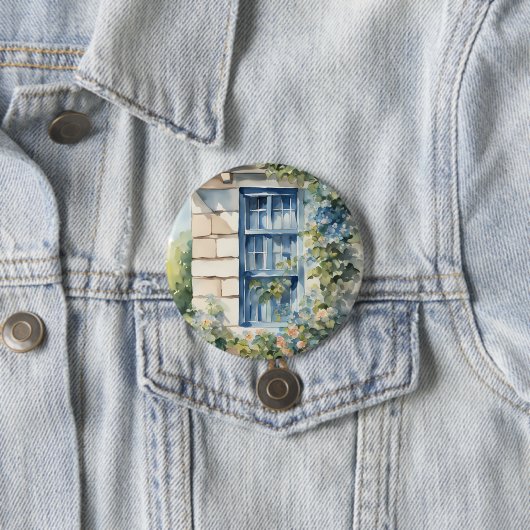 Blaue Fenster-Steinmauer-Cottage-Reben Button (Beispiel)