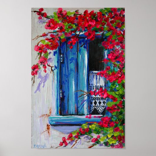 Blaue Fensterläden mit Bougainvillea Poster (Vorne)