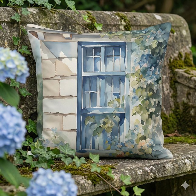 Blaue Fenstersteinmauer Cottage Reben Kissen (Blue Window Stone Wall Cottage Vines Throw Pillow Mockup C)