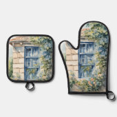 Blaue Fenstersteinmauer Cottage Reben Ofenhandschuh & Topflappen-Set (Vorderseite)