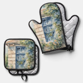 Blaue Fenstersteinmauer Cottage Reben Ofenhandschuh & Topflappen-Set (Vorderseite/Rückseite)
