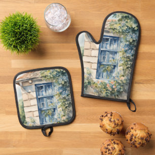 Blaue Fenstersteinmauer Cottage Reben Ofenhandschuh & Topflappen-Set