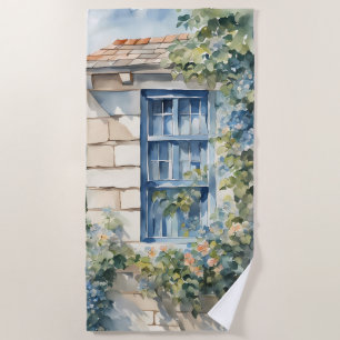 Blaue Fenstersteinmauer Cottage Reben Strandtuch