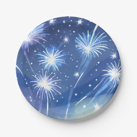 Blaue Feuerwerke | Feuerwerk-Feier Wasserfarbe Pappteller (Vorderseite)