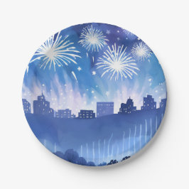 Blaue Feuerwerksanzeige | Feuerwerk Wasserfarbe Pappteller