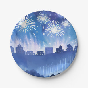 Blaue Feuerwerksanzeige Feuerwerk Wasserfarbe Pappteller