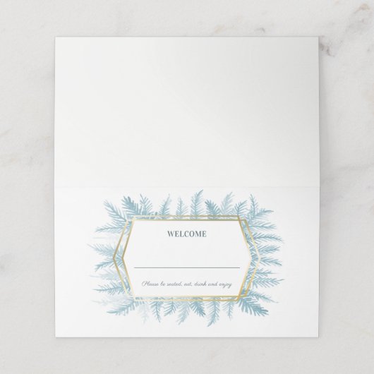 Blaue Fichte Immergrün Hochzeitsgast Platzkarten (Außenseite Aufgefaltet)