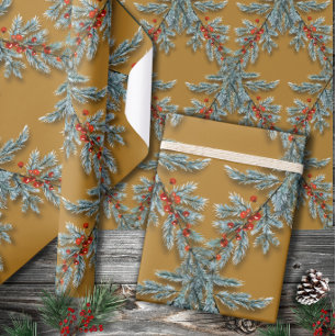 Blaue Fichte Rote Beeren Gitter Gold Geschenkpapier