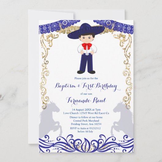 Blaue Fiesta-Taufe und Geburtstag Einladung (Vorderseite)