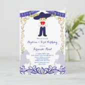 Blaue Fiesta-Taufe und Geburtstag Einladung (Stehend Vorderseite)