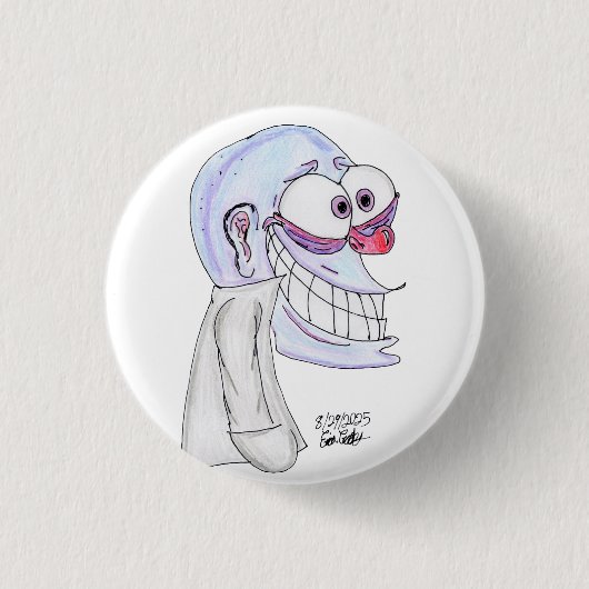 blaue Figur lächelnd mit Mantel Button (Vorderseite)